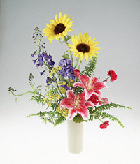 Stylized arrangement of bright flowers