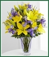 The FTD Touch of Spring Bouquet is a sunny display of Spring's majestic beauty. Brilliantly bright yellow Asiatic lilies mingle with purple iris and gorgeous greens arranged in a designer pale lavender glass vase. It's a cheerful expression of Spring's sweetness.