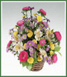 A basket centerpiece of mixed bright flowers including asters, spray mums, alstroemeria and monté casino asters.
