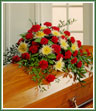 A casket spray of red carnations and white fuji chrysanthemums.