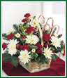 A holiday traditional best seller! Here's a delightful way to kindle the holiday spirit. A white basket holds a festive array of white cushion pompons, red mini carnations and greens adorned with candy canes - edible or faux. Makes a sweet hostess gift, too! Style of basket may vary.