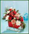 Hear those sleigh bells? Peppermint carnations, red spray roses and white pompons ride along in a red sleigh filled with Christmas greens. Accented with shiny red ornaments and white branches, this decorative sleigh will be a welcome addition to anyone's home or office.