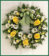 Let this cheerful Spring wreath welcome your family, friends and neighbors. They won't be able to stay away! Sunshiny yellow roses, yellow and green button poms and ever-happy white daisies are woven into a 15