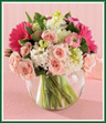 Spring's best flowers are gathered together in this beautiful bouquet. Hot pink Gerbera daisies, soft pink spray roses, pink ranunculus and fragrant white hyacinth are arranged in a glass bubble bowl. A sweet bouquet suitable for any occasion.