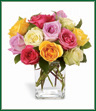 Send a Festival of Roses in colors of the rainbow. Twelve mixed color roses are arranged with greens in a rectangular glass vase. Color assortments will vary so that each arrangement is uniquely your own. 
