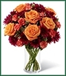 The Autumn Treasures Bouquet is a floral fantasy of fall color displayed in eye-catching jewel tones. Brilliant orange roses and orange mini carnations are accented with burgundy chrysanthemums and lush greens arranged to perfection in a classic clear glass vase to create a warm and dazzling way to send your best wishes for a beautiful harvest season. 