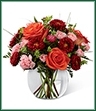 proudly presents the Better Homes and Gardens Color Rush Bouquet. A sweet symphony of bold color, this bouquet of orange roses, red matsumoto asters, pale pink mini carnations and lush greens create an impressive statement. Arranged in a clear glass bubble bowl, this bouquet will spread smiles at every turn. 